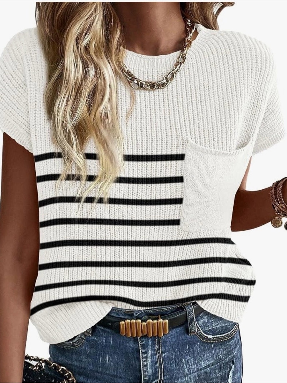 Casual White & Black Striped Short Sleeve Knit Top with Pocket